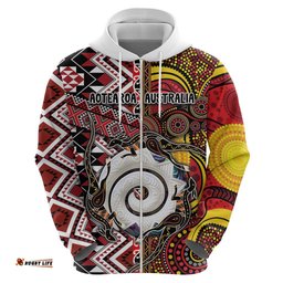 RugbyLife Shop Personalised Aotearoa and Australia Together Hoodie Koru and Kangaroo - Taniko with Aboriginal Motif LT03