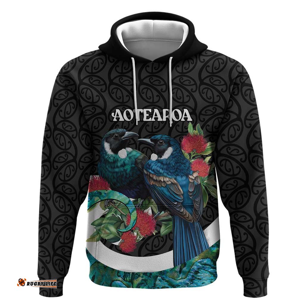 RugbyLife Shop Personalised Valentine's Day New Zealand Hoodie Tui Bird Couple Kowhaiwhai Mix Pohutukawa LT14