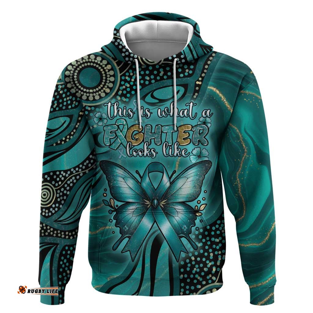 RugbyLife Shop Personalised Ovarian Cancer Awareness Hoodie This Is What A Fighter Looks Like DT05