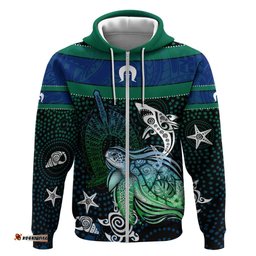 RugbyLife Shop Torres Strait Islands Sea Turtle and Dhari Hoodie Oceanic Indigenous Dotwork Tribal Illustration TS04