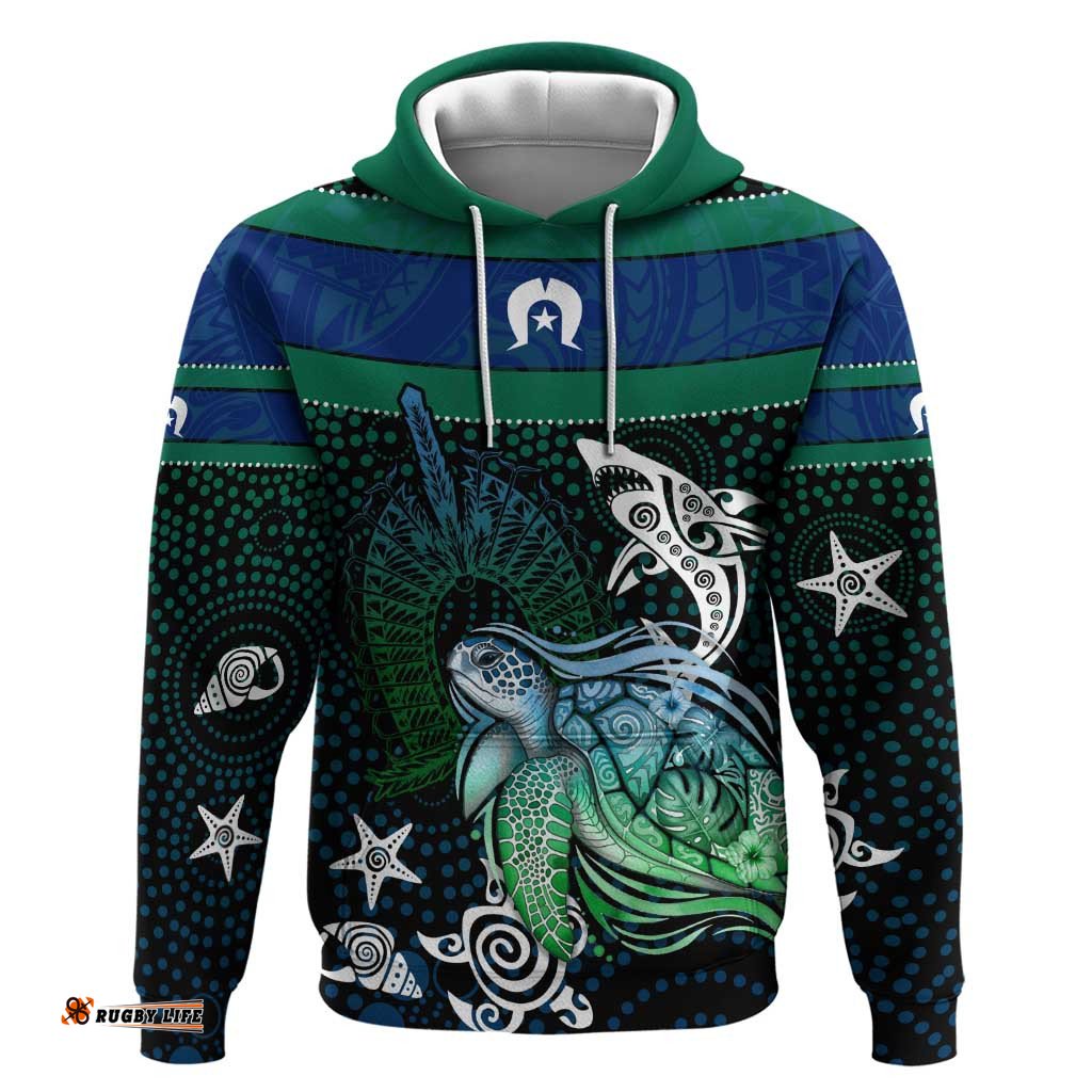 RugbyLife Shop Torres Strait Islands Sea Turtle and Dhari Hoodie Oceanic Indigenous Dotwork Tribal Illustration TS04