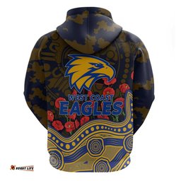 RugbyLife Shop West Coast Eagles ANZAC Day Hoodie Indigenous Dot Art with Poppy Flower Tribute TS04