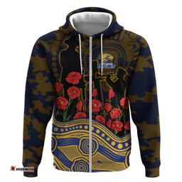 RugbyLife Shop West Coast Eagles ANZAC Day Hoodie Indigenous Dot Art with Poppy Flower Tribute TS04