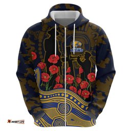 RugbyLife Shop West Coast Eagles ANZAC Day Hoodie Indigenous Dot Art with Poppy Flower Tribute TS04