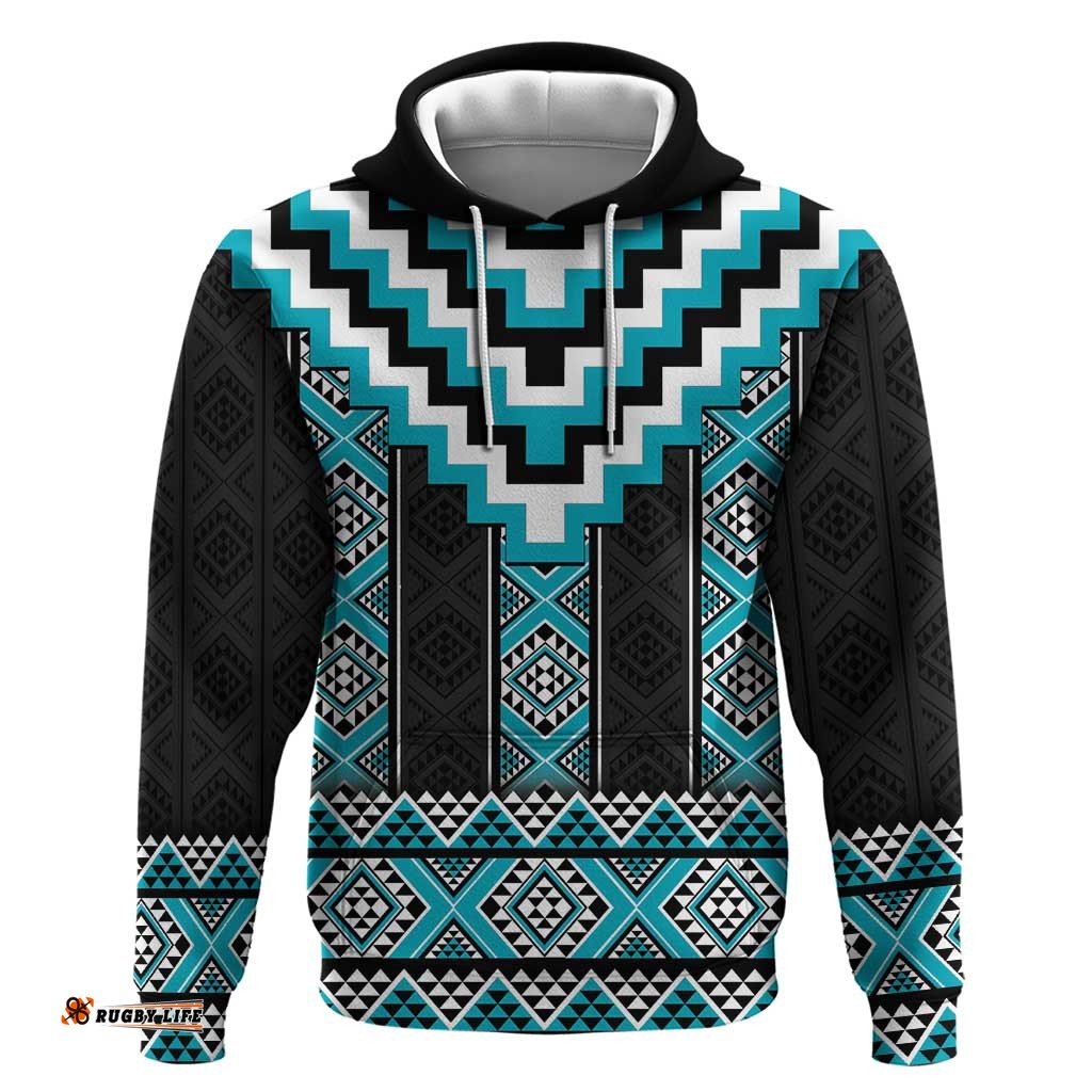RugbyLife Shop Turquoise Taniko Pattern Aotearoa Hoodie Niho Taniwha Mix Poutama LT14