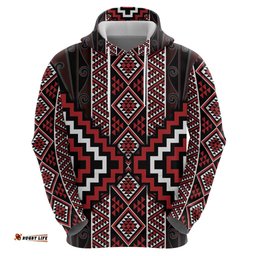 RugbyLife Shop Red Tukutuku Pattern Aotearoa Hoodie Niho Taniwha and Puhoro Motifs LT7
