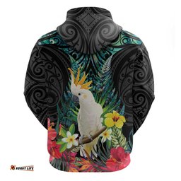 RugbyLife Shop Sulphur-crested Cockatoo New Zealand Hoodie Paua Shell Aotearoa Maori Tropical Flowers LT14