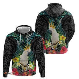 RugbyLife Shop Sulphur-crested Cockatoo New Zealand Hoodie Paua Shell Aotearoa Maori Tropical Flowers LT14