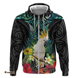 RugbyLife Shop Sulphur-crested Cockatoo New Zealand Hoodie Paua Shell Aotearoa Maori Tropical Flowers LT14