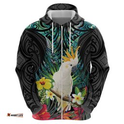 RugbyLife Shop Sulphur-crested Cockatoo New Zealand Hoodie Paua Shell Aotearoa Maori Tropical Flowers LT14