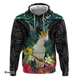 RugbyLife Shop Sulphur-crested Cockatoo New Zealand Hoodie Paua Shell Aotearoa Maori Tropical Flowers LT14