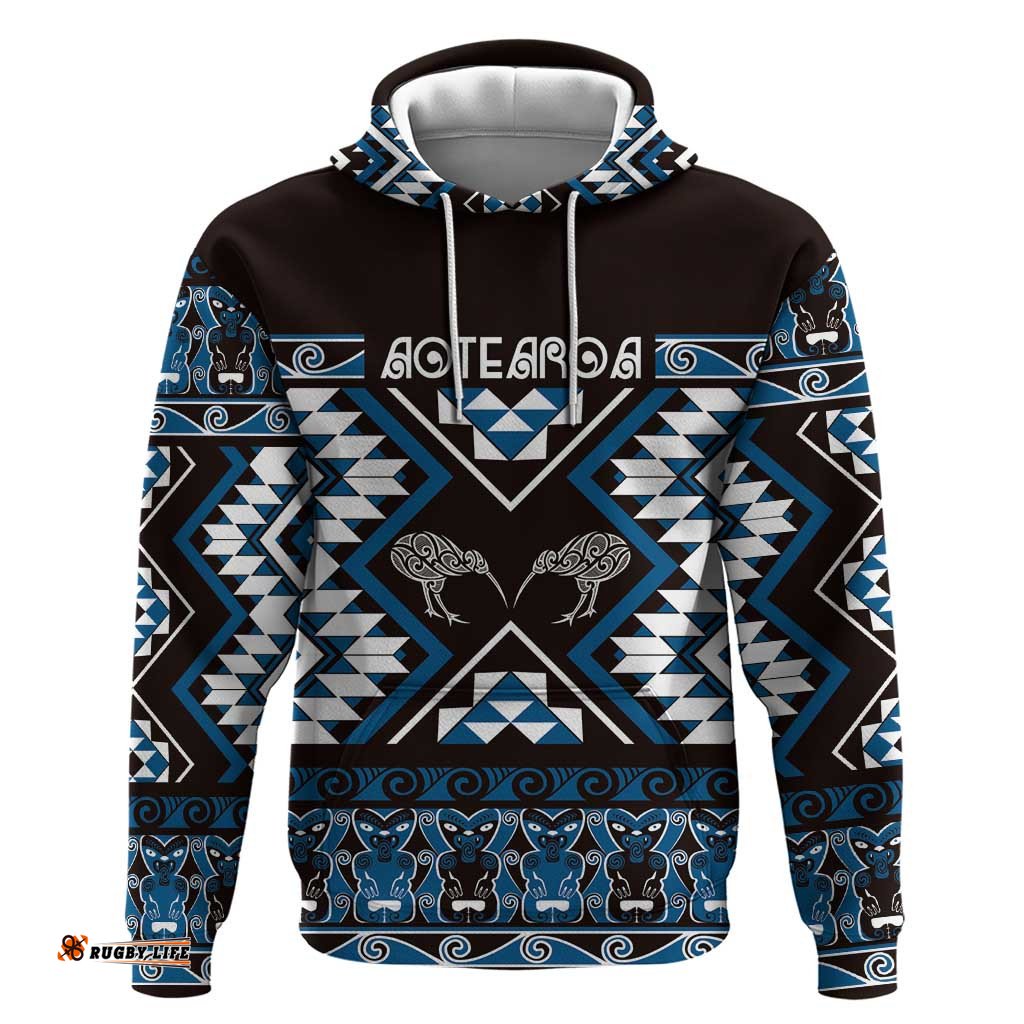 RugbyLife Shop Personalised Taniko Motifs Aotearoa Hoodie Waitangi Kowhaiwhai Kiwi - Blue LT7