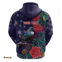 RugbyLife Shop Tui Meri Kirihimete Personalised Hoodie Pohutukawa Flowers Blue Motif LT9