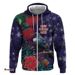 RugbyLife Shop Tui Meri Kirihimete Personalised Hoodie Pohutukawa Flowers Blue Motif LT9