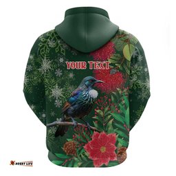 RugbyLife Shop Tui Meri Kirihimete Personalised Hoodie Pohutukawa Flowers Green Motif LT9
