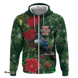 RugbyLife Shop Tui Meri Kirihimete Personalised Hoodie Pohutukawa Flowers Green Motif LT9