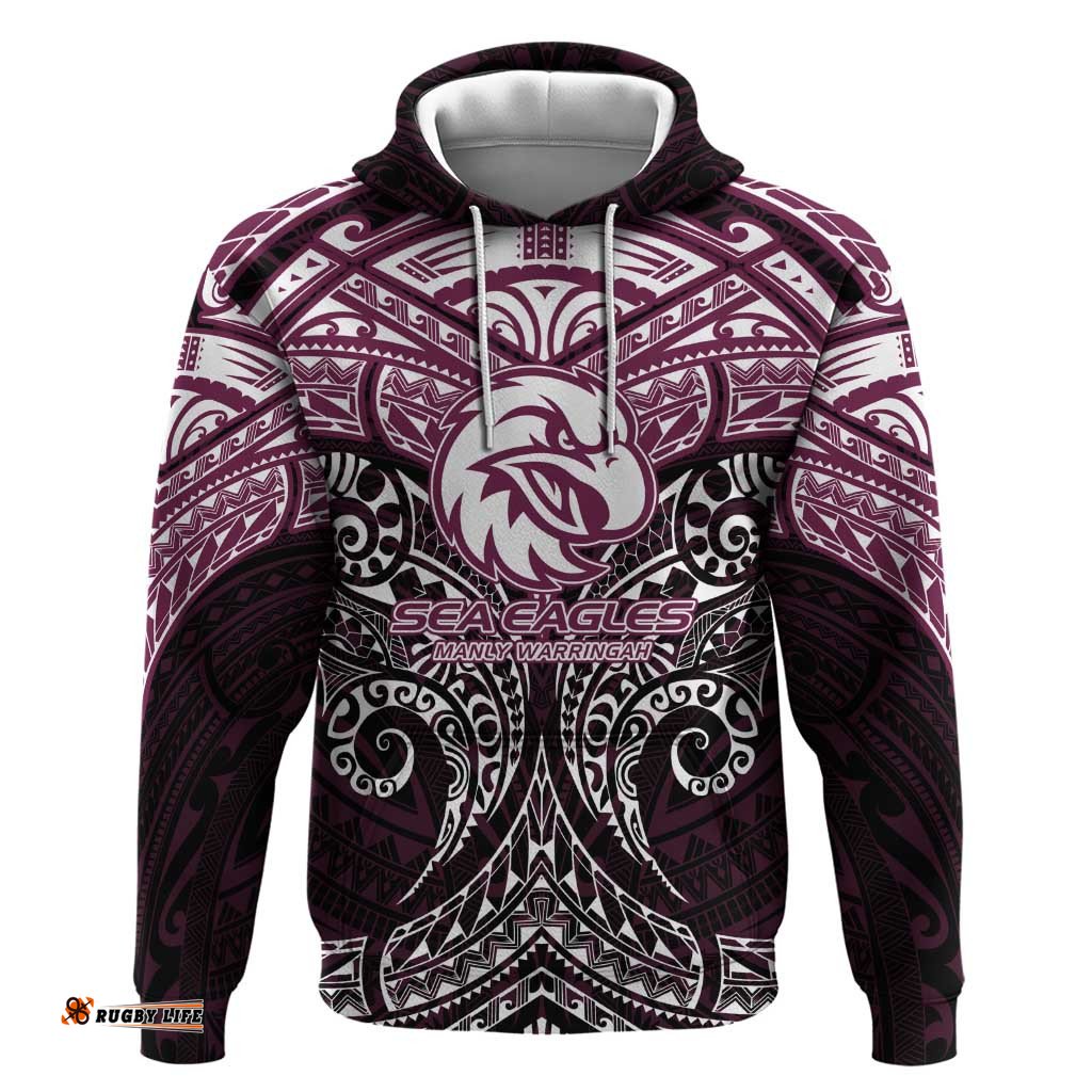 RugbyLife Shop Personalized Manly Warringah Sea Eagles Hoodie Polynesian Tribal Pattern Style TS04
