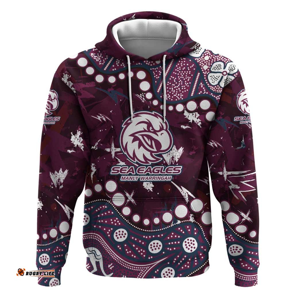 RugbyLife Shop Personalized Manly Warringah Sea Eagles Hoodie Aboriginal Pattern with Graffiti Style Design TS04