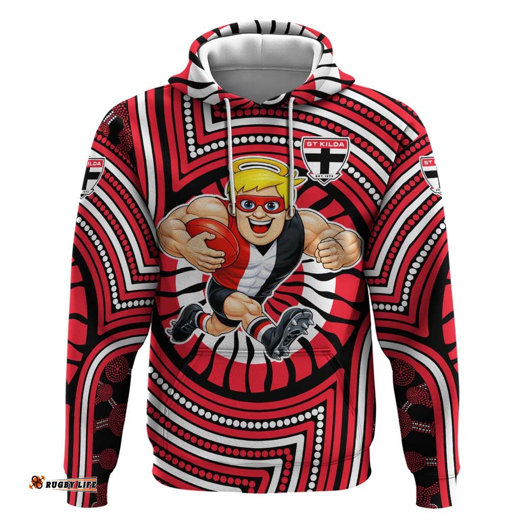 RugbyLife Shop St Kilda Football Club Hoodie Indigenous Monochrome Dot Art Mascot Style TS04