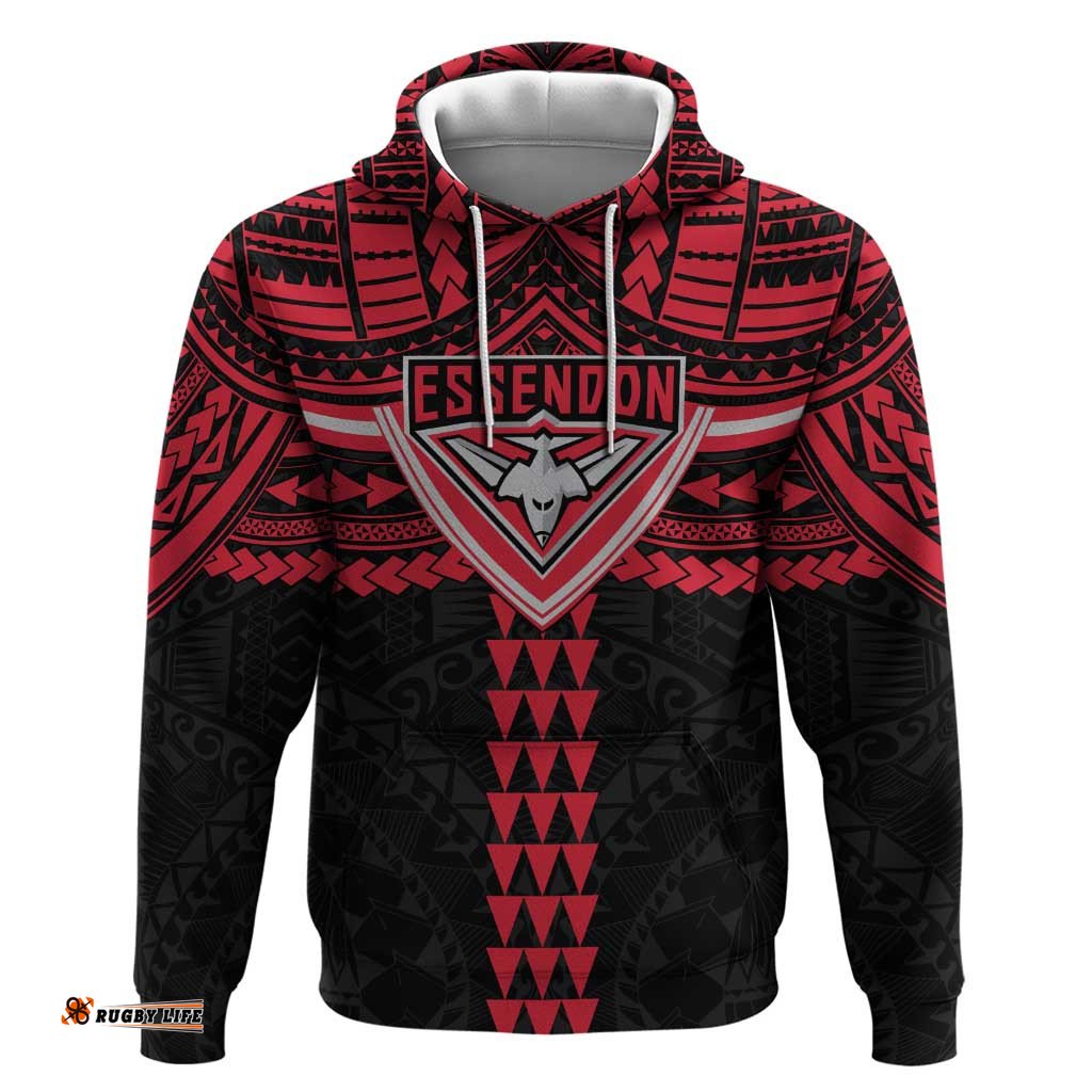 RugbyLife Shop Personalized Essendon Bombers Hoodie Polynesian Tribal Pattern Heritage Football TS04