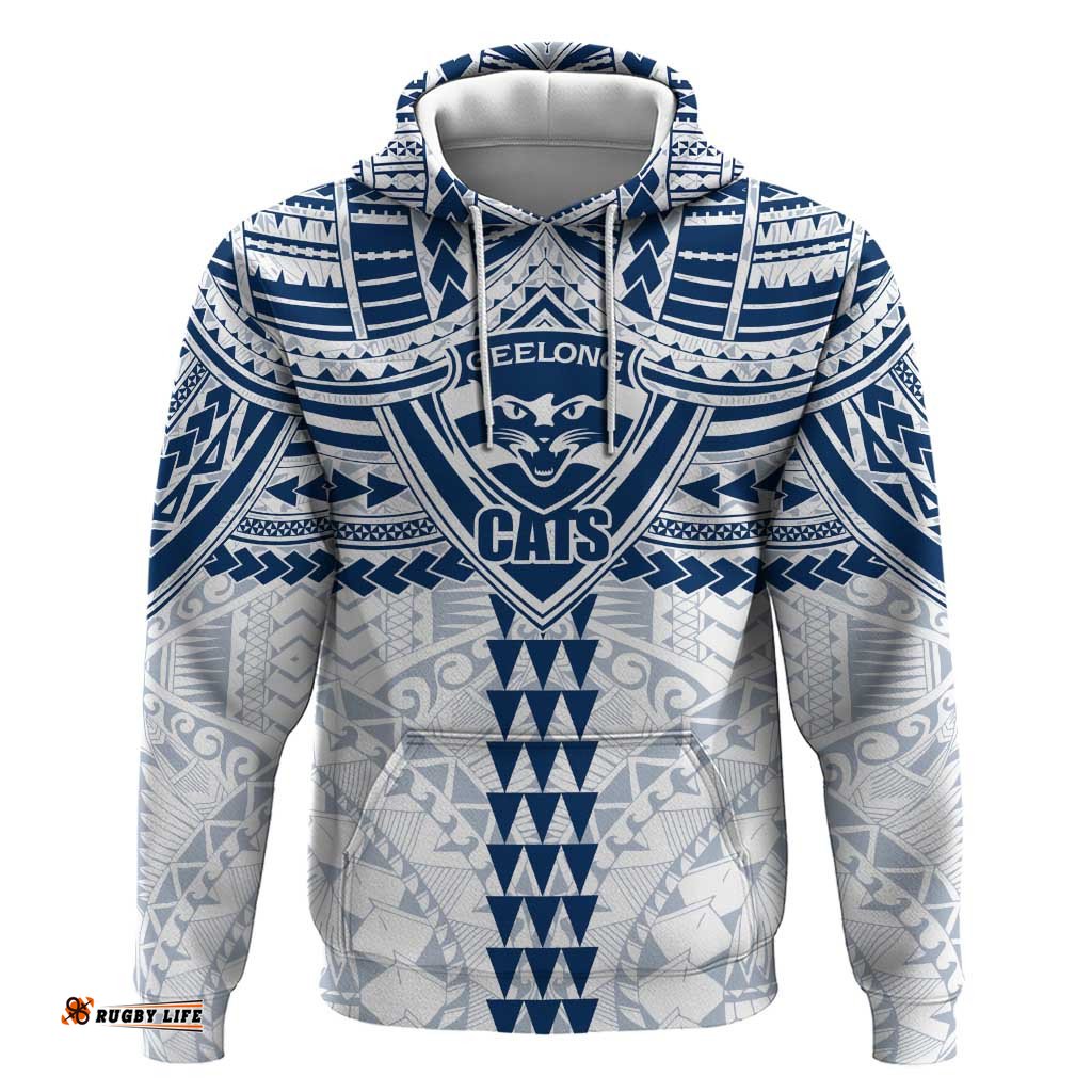 RugbyLife Shop Personalized Geelong Cats Hoodie Polynesian Tribal Pattern Heritage Football TS04