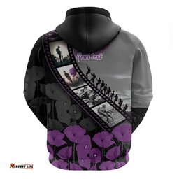 RugbyLife Shop Personalised Remembering ANZAC Lest We Forget Hoodie Vintage Film Frame Memorial Purple Poppy LT9