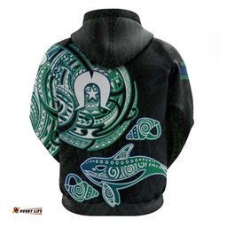 RugbyLife Shop Whale and Dhari Torres Strait Islands Hoodie Deep Green Oceanic Tribal Pattern Art TS04