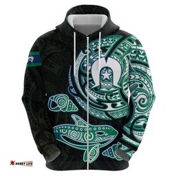 RugbyLife Shop Whale and Dhari Torres Strait Islands Hoodie Deep Green Oceanic Tribal Pattern Art TS04
