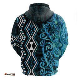 RugbyLife Shop Turquoise Aotearoa Hoodie Taniko Motifs With Paua Shell Kowhaiwhai LT14
