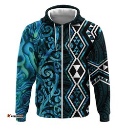 RugbyLife Shop Turquoise Aotearoa Hoodie Taniko Motifs With Paua Shell Kowhaiwhai LT14