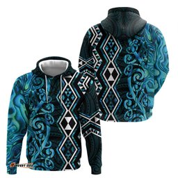 RugbyLife Shop Turquoise Aotearoa Hoodie Taniko Motifs With Paua Shell Kowhaiwhai LT14