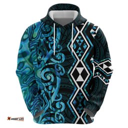 RugbyLife Shop Turquoise Aotearoa Hoodie Taniko Motifs With Paua Shell Kowhaiwhai LT14