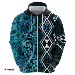 RugbyLife Shop Turquoise Aotearoa Hoodie Taniko Motifs With Paua Shell Kowhaiwhai LT14