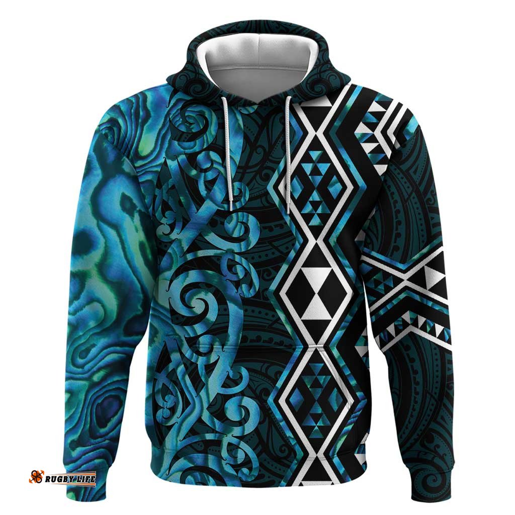 RugbyLife Shop Turquoise Aotearoa Hoodie Taniko Motifs With Paua Shell Kowhaiwhai LT14