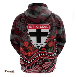 RugbyLife Shop St Kilda Saints ANZAC Day Hoodie Indigenous Dot Art with Poppy Flower Tribute TS04
