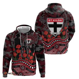 RugbyLife Shop St Kilda Saints ANZAC Day Hoodie Indigenous Dot Art with Poppy Flower Tribute TS04