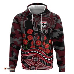 RugbyLife Shop St Kilda Saints ANZAC Day Hoodie Indigenous Dot Art with Poppy Flower Tribute TS04