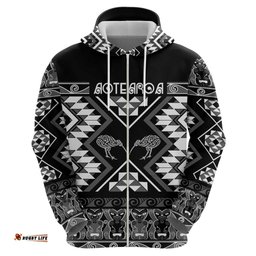 RugbyLife Shop Personalised Taniko Motifs Aotearoa Hoodie Waitangi Kowhaiwhai Kiwi - Monochrome LT7