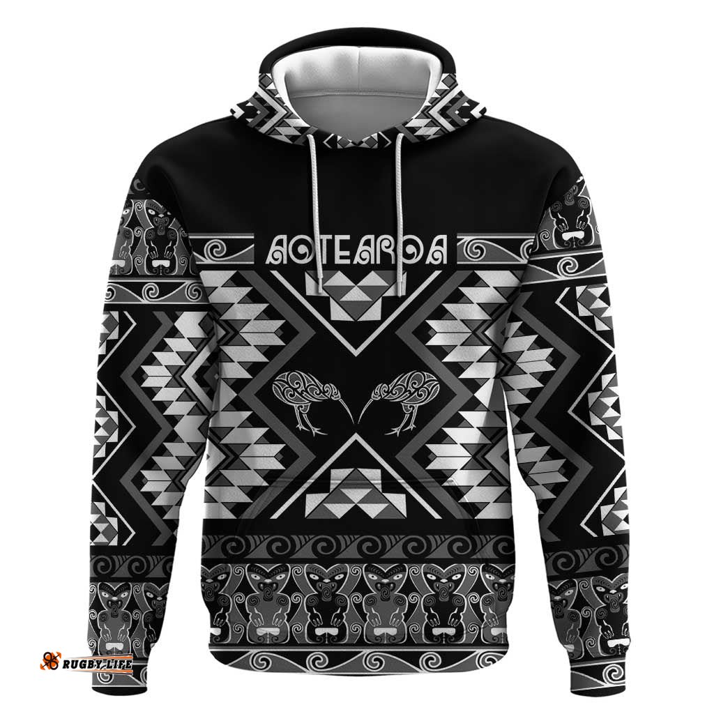 RugbyLife Shop Personalised Taniko Motifs Aotearoa Hoodie Waitangi Kowhaiwhai Kiwi - Monochrome LT7