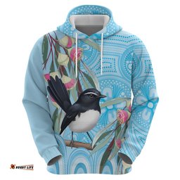 RugbyLife Shop Willie wagtail Australia Hoodie Eucalyptus Blossoms Aboriginal Art LT14