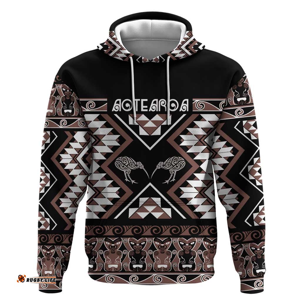 RugbyLife Shop Personalised Taniko Motifs Aotearoa Hoodie Waitangi Kowhaiwhai Kiwi - Mocha LT7
