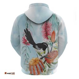 RugbyLife Shop Willie wagtail Australia Hoodie Banksia Bottlebrushes Watercolor Stylized LT14