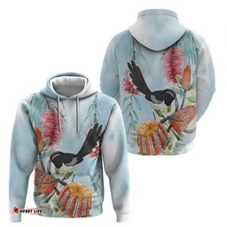 RugbyLife Shop Willie wagtail Australia Hoodie Banksia Bottlebrushes Watercolor Stylized LT14