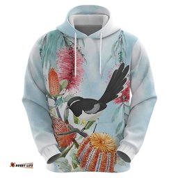 RugbyLife Shop Willie wagtail Australia Hoodie Banksia Bottlebrushes Watercolor Stylized LT14
