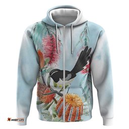 RugbyLife Shop Willie wagtail Australia Hoodie Banksia Bottlebrushes Watercolor Stylized LT14
