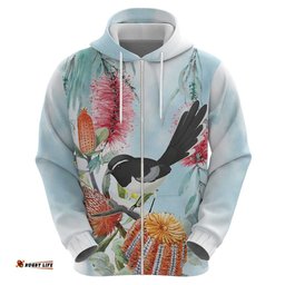 RugbyLife Shop Willie wagtail Australia Hoodie Banksia Bottlebrushes Watercolor Stylized LT14