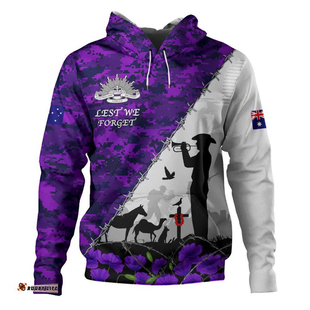 Australia Hoodie Anzac Day Two Sides Of Service Purple Poppy Remembrance