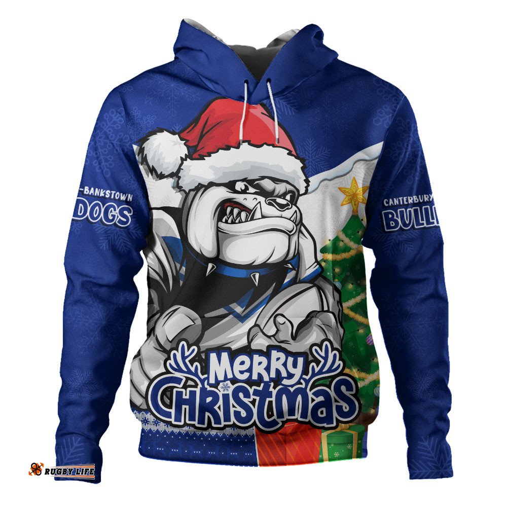 Canterbury-Bankstown Bulldogs Hoodie Santa Scoring Touchdown On Christmas Game Day
