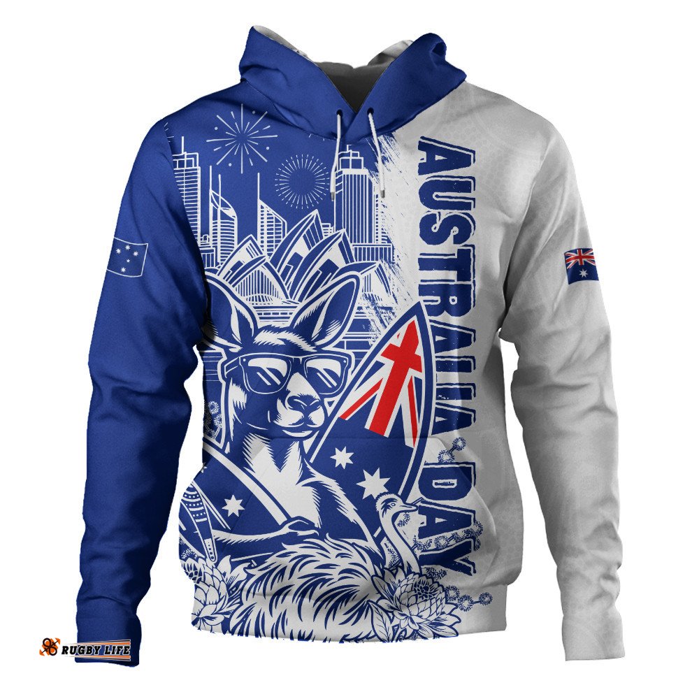 Australia Hoodie Australia Day Kangaroo Surfboard Blue Skyline Celebration