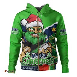 Canberra Raiders Hoodie Santa Scoring Touchdown On Christmas Game Day